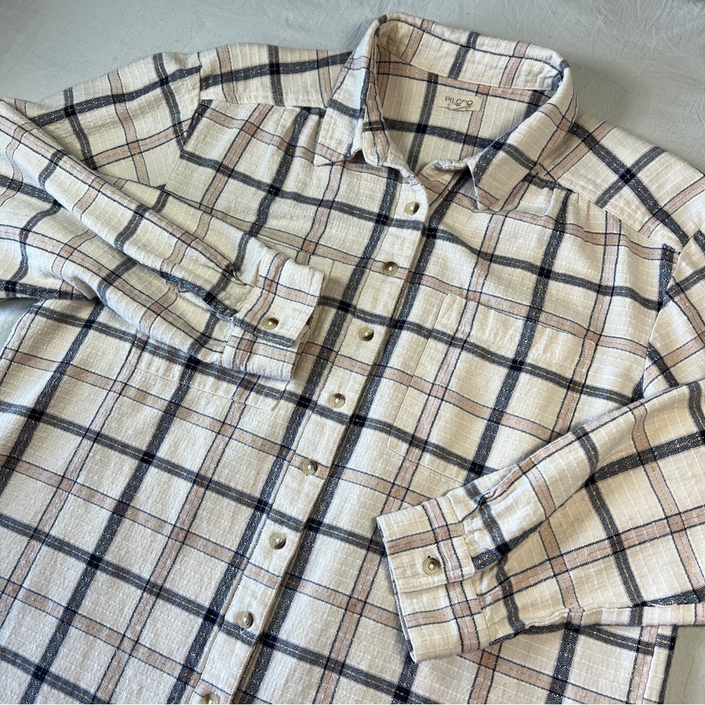 Pilcro Anthropologie Pink, Navy Metallic Gold Plaid Women Sz M Shirt Long Sleeve